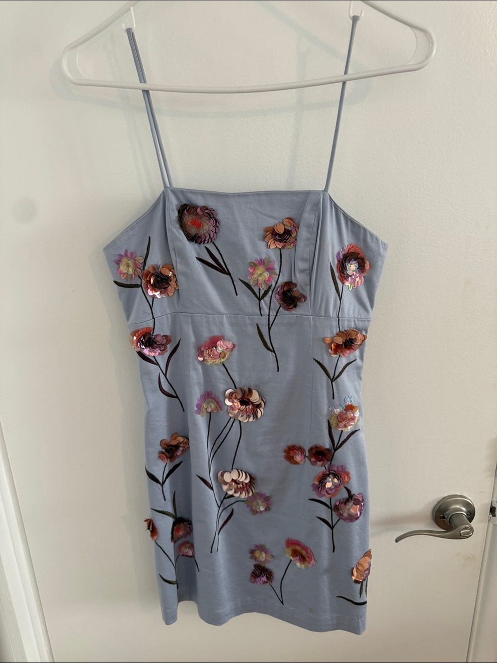 Anthropologie Pale Blue Spaghetti-Strap Dress with Floral Sequin Appliqués